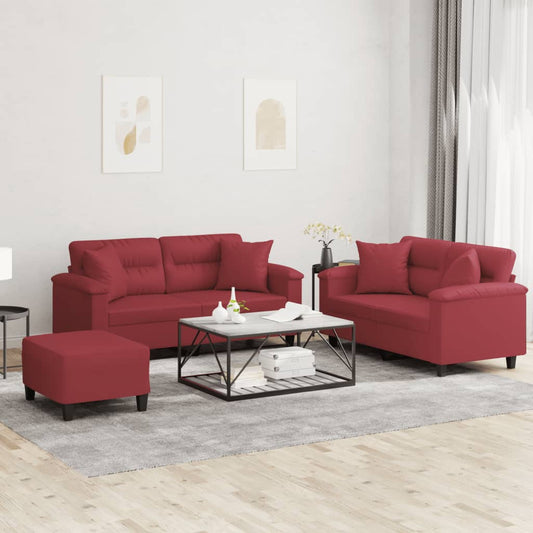 3 pcs conjunto sofás c/ almofadas couro artif. vermelho tinto