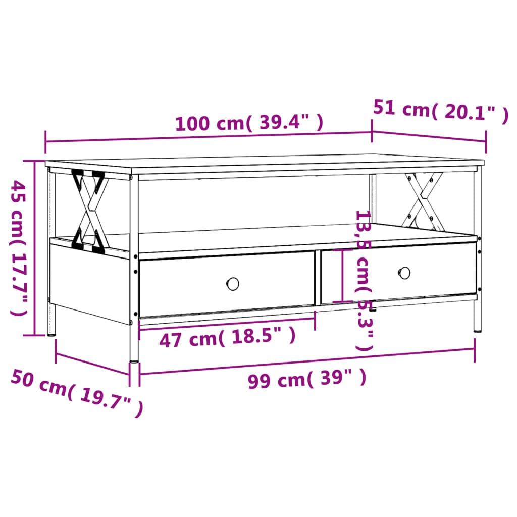 Mesa de centro 100x51x45cm derivados de madeira cinzento sonoma