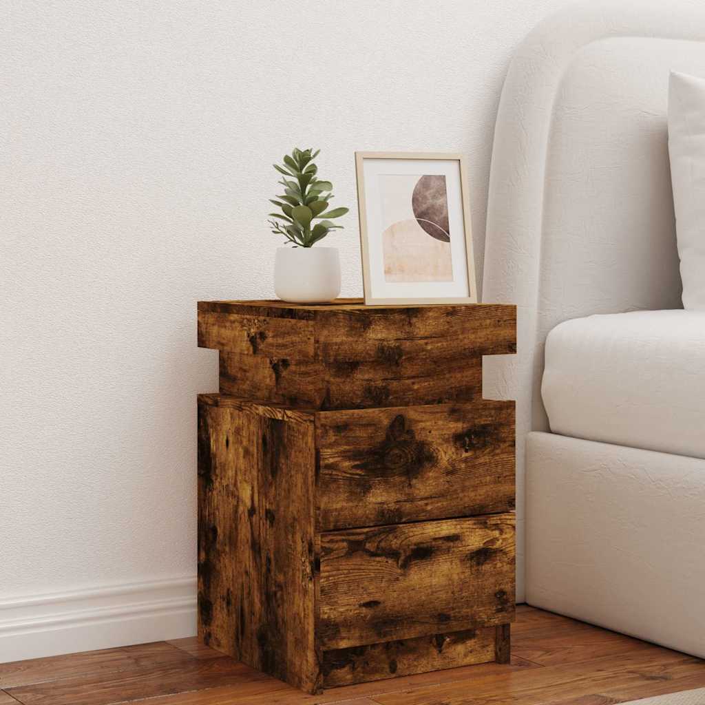 Mesa de cabeceira com luzes LED 35x39x55 cm carvalho fumado