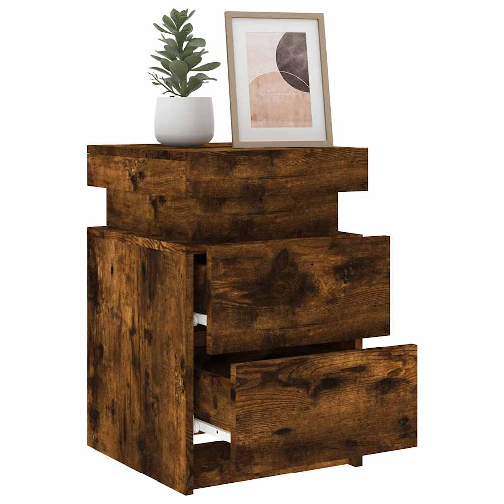 Mesa de cabeceira com luzes LED 35x39x55 cm carvalho fumado