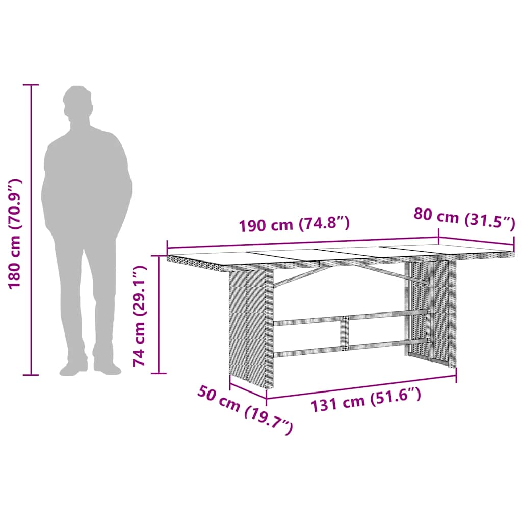 Mesa de jardim com tampo de vidro 190x80x74 cm vime PE preto