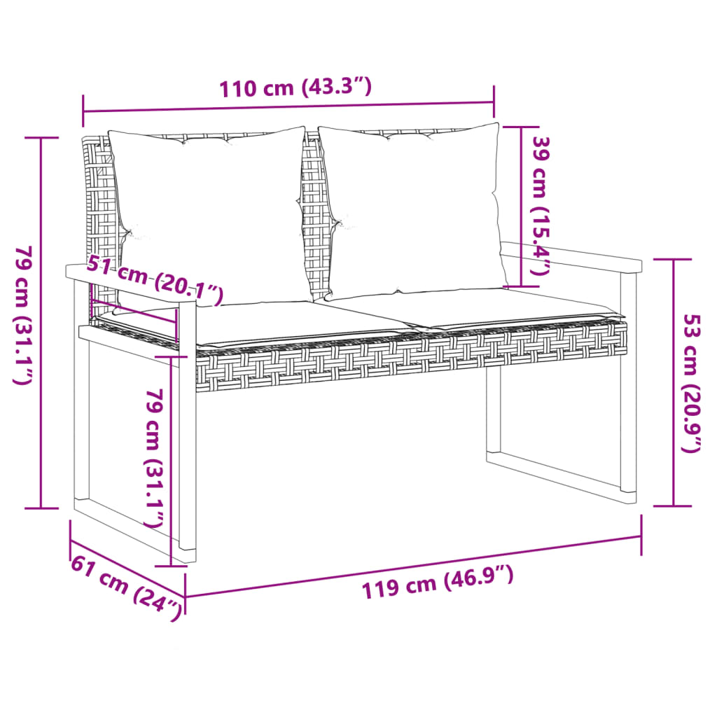 Banco de jardim com almofadão madeira de acácia e vime PE preto
