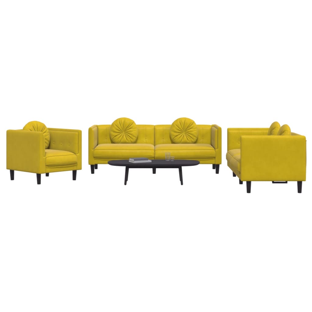 3 pcs conjunto de sofás com almofadas veludo amarelo