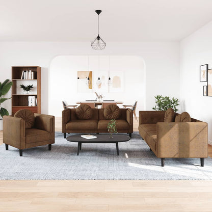 3 pcs conjunto de sofás com almofadas veludo castanho