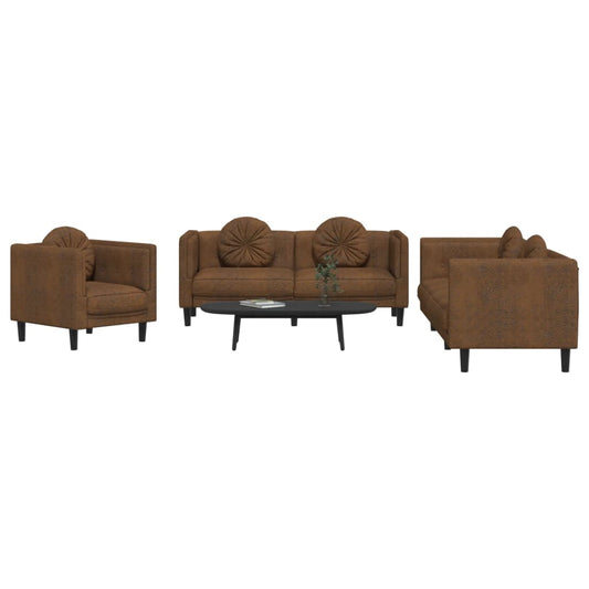 3 pcs conjunto de sofás com almofadas veludo castanho