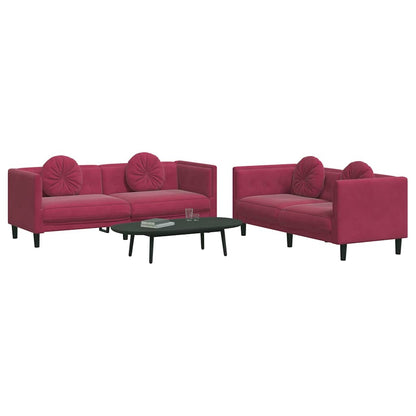 2 pcs conjunto de sofás com almofadas veludo vermelho-tinto