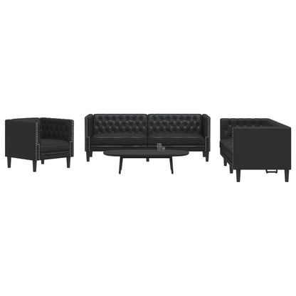 3 pcs conjunto de sofás chesterfield couro artificial preto