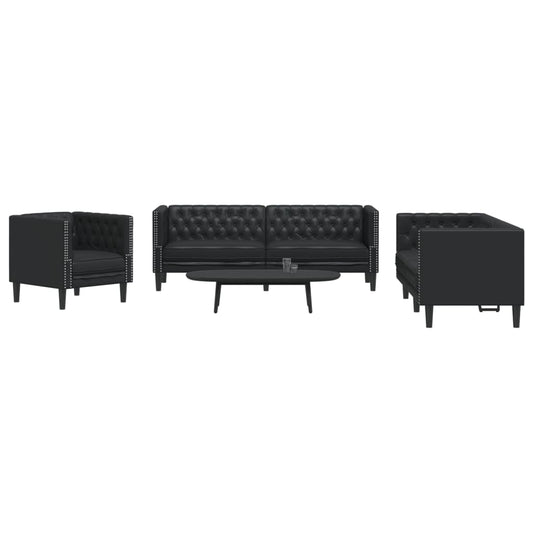 3 pcs conjunto de sofás chesterfield couro artificial preto