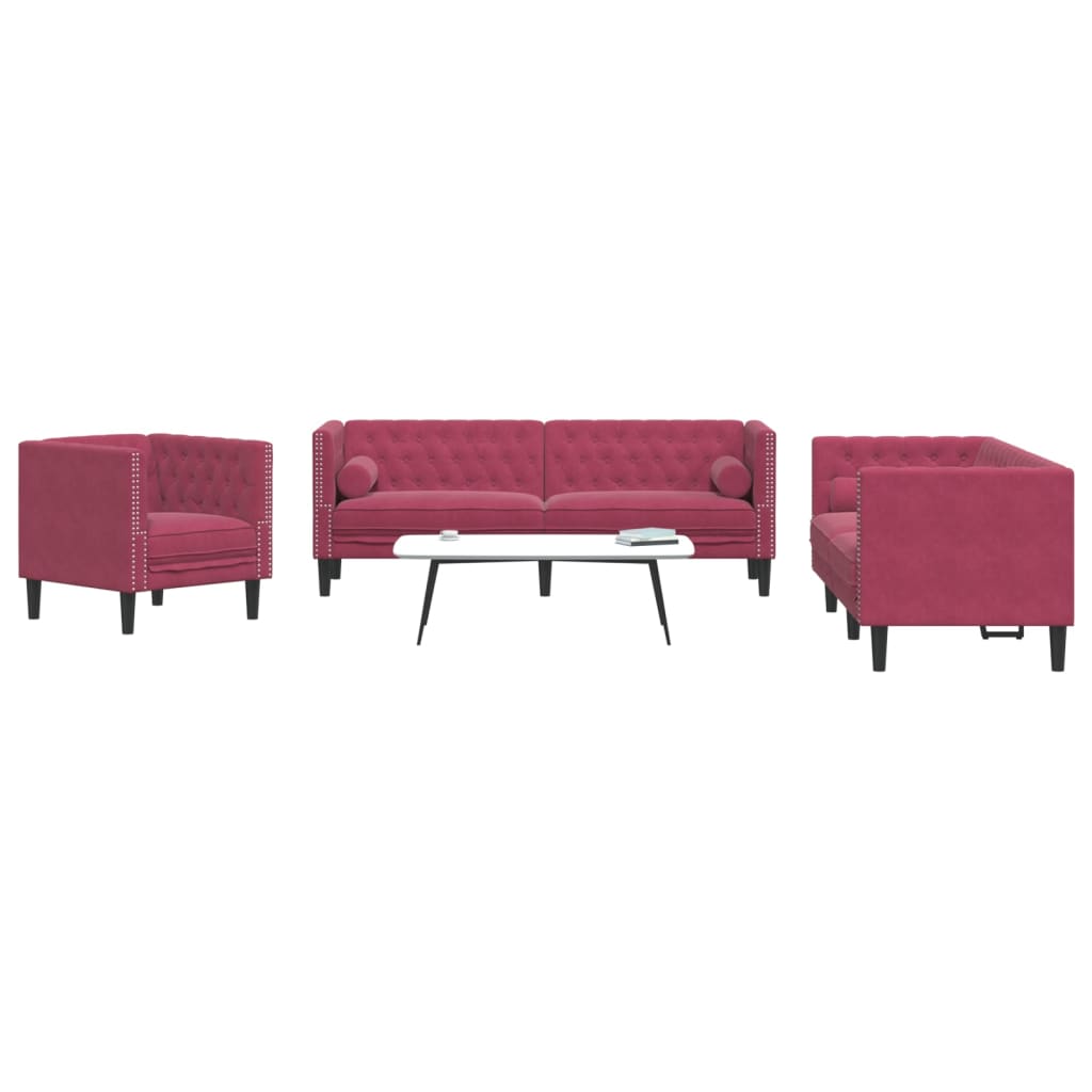 3 pcs conj. sofás chesterfield com rolos veludo vermelho-tinto