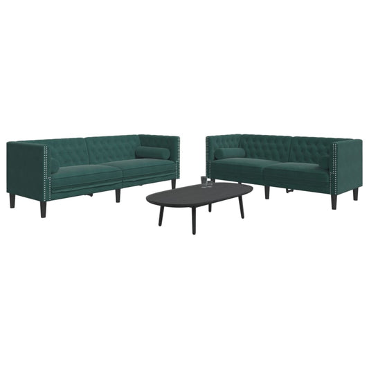 2 pcs conj. de sofás chesterfield com rolos veludo verde-escuro
