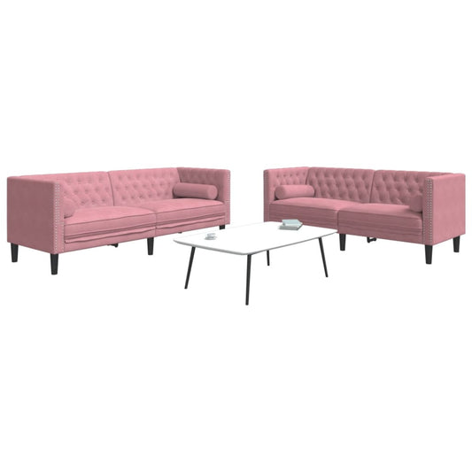 2 pcs conjunto de sofás chesterfield com rolos veludo rosa