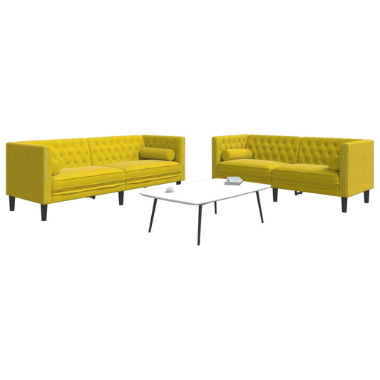 2 pcs conjunto de sofás chesterfield com rolos veludo amarelo
