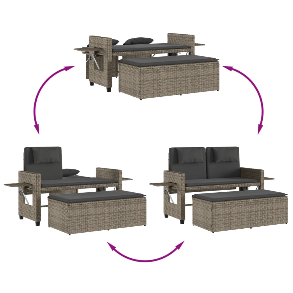 Banco de jardim reclinável com almofadões vime PE cinzento