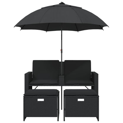 Sofá de jardim 2 lugares com guarda-sol e bancos vime PE preto