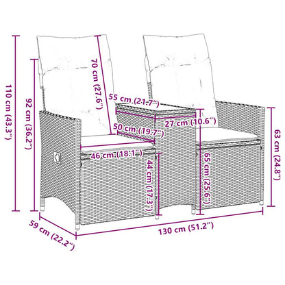 Sofá de jardim reclinável de 2 lugares com Mesa em vime sintético cinza