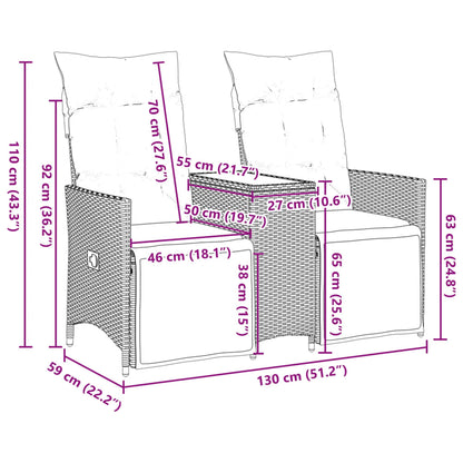 Sofá de jardim reclinável 2 lugares com mesa vime PE cinzento