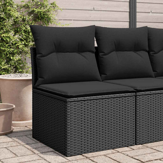 Sofá de jardim sem braços com almofadas em vime sintético preto