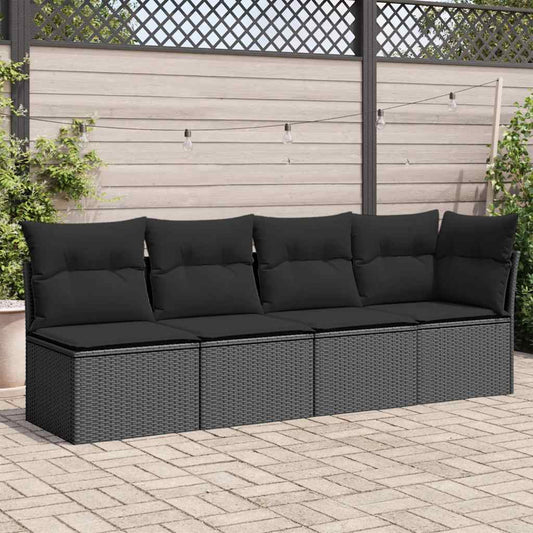 Sofá de jardim com almofadas, 4 lugares, vime sintético preto