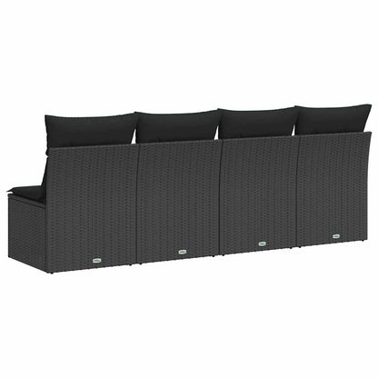 Sofá de jardim com almofadas, 4 lugares, vime sintético preto