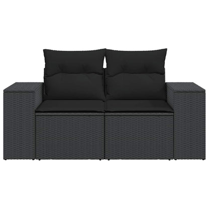 Sofá de jardim com almofadas, 2 lugares, vime sintético preto