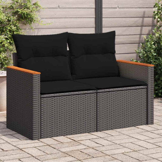Sofá de jardim com almofadas, 2 lugares, vime sintético preto