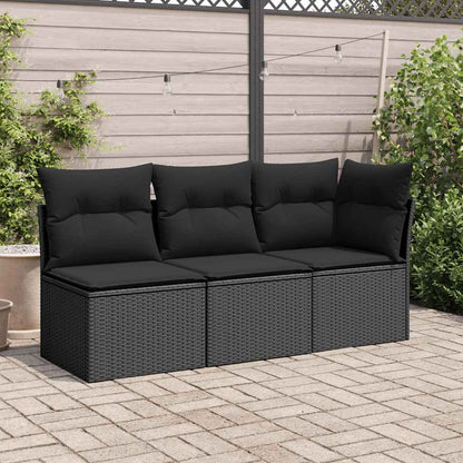 Sofá de jardim com almofadas, 3 lugares, vime sintético preto