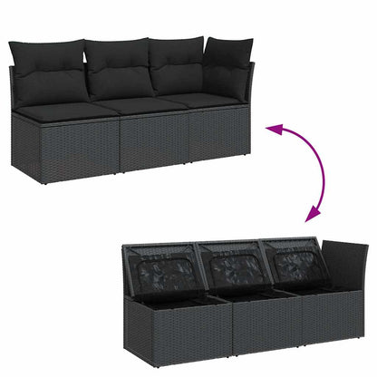 Sofá de jardim com almofadas, 3 lugares, vime sintético preto