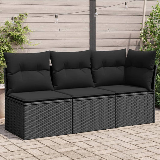 Sofá de jardim com almofadas, 3 lugares, vime sintético preto