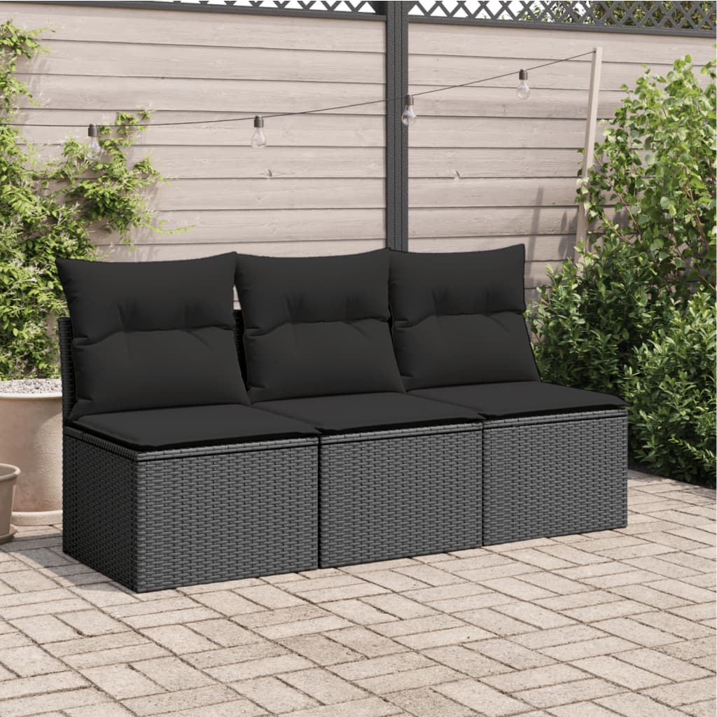 Sofá de jardim com almofadas, 3 lugares, vime sintético preto