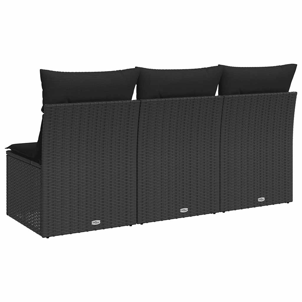 Sofá de jardim com almofadas, 3 lugares, vime sintético preto