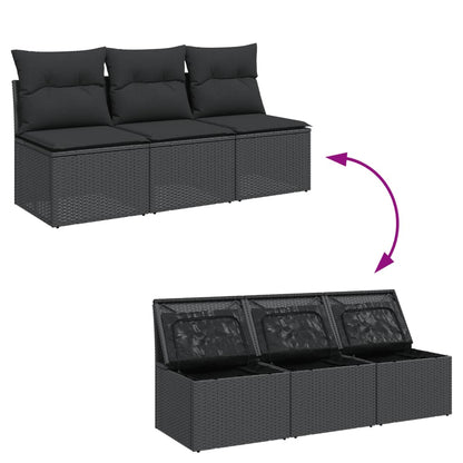 Sofá de jardim com almofadas, 3 lugares, vime sintético preto