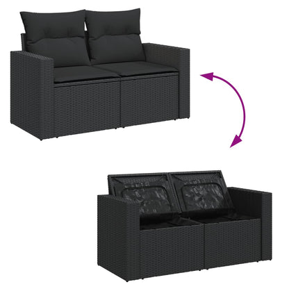 Sofá de jardim com almofadas, 2 lugares, vime sintético preto