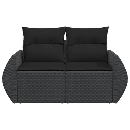 Sofá de jardim com almofadas, 2 lugares, vime sintético preto