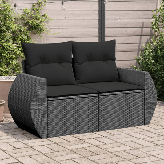 Sofá de jardim com almofadas, 2 lugares, vime sintético preto