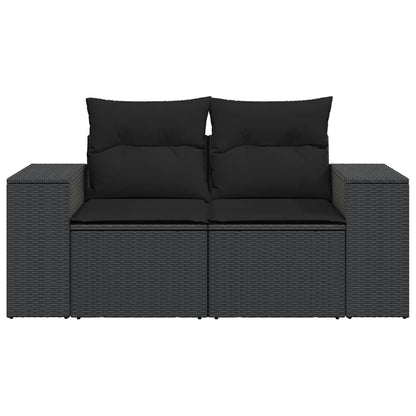 Sofá de jardim com almofadas, 2 lugares, vime sintético preto