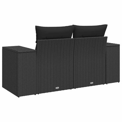 Sofá de jardim com almofadas, 2 lugares, vime sintético preto