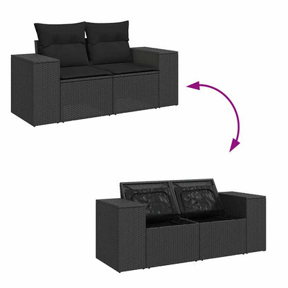 Sofá de jardim com almofadas, 2 lugares, vime sintético preto