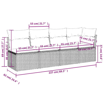 Sofá de jardim 4 lugares com almofadões vime PE cinzento