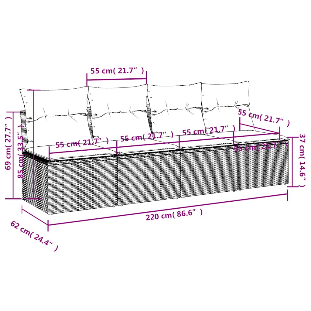 Sofá de jardim 4 lugares com almofadões vime PE cinzento