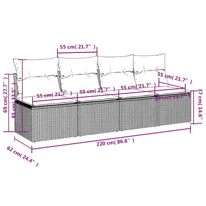Sofá de jardim 4 lugares com almofadões vime PE cinzento