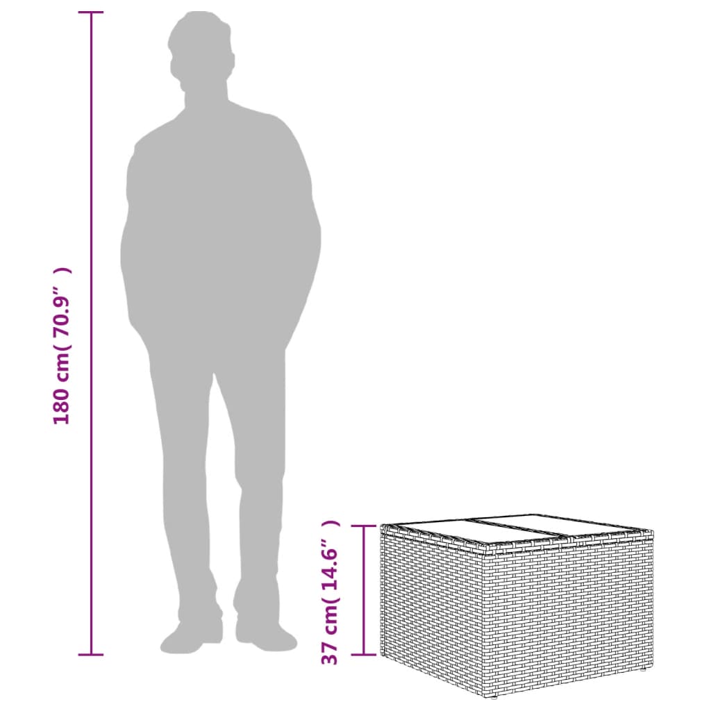 Mesa de jardim com tampo de vidro 55x55x37 cm vime PE cinzento