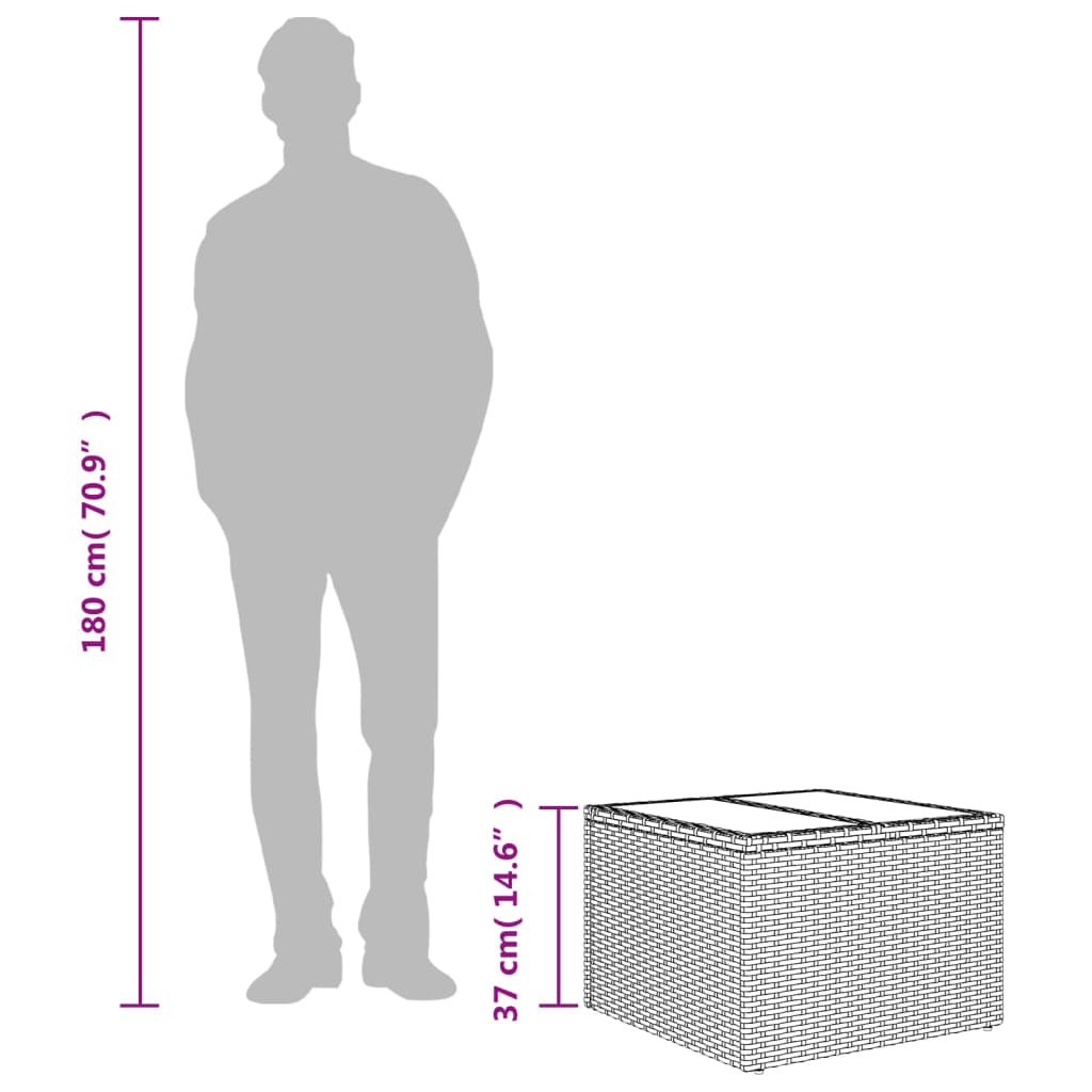 Mesa de jardim com tampo de vidro 55x55x37 cm vime PE castanho