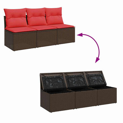 Sofá de jardim com almofadas, 3 lugares, vime sintético marrom