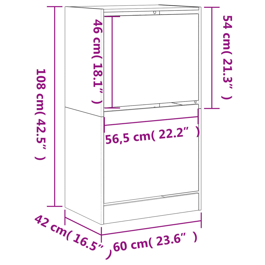 Sapateira c/ 2 gavetas articuladas 60x42x108 cm cinzento sonoma
