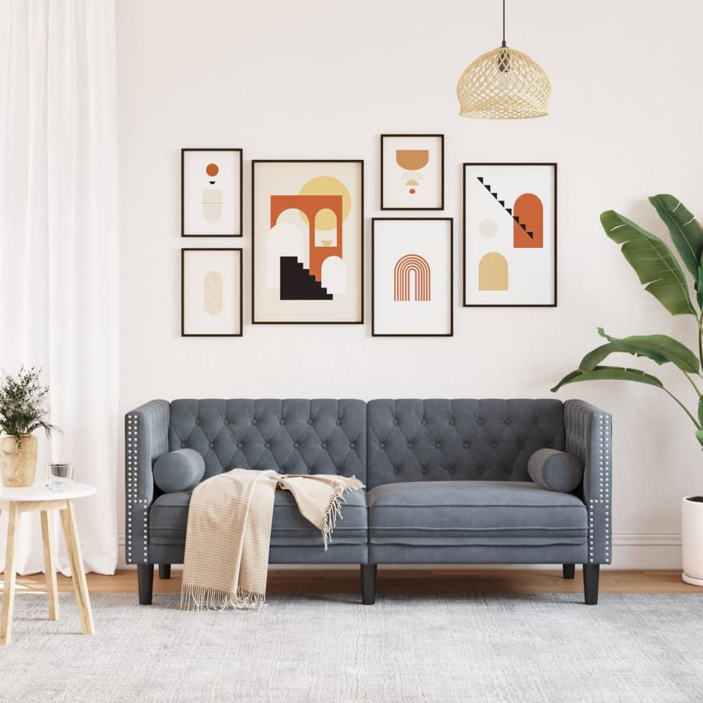 Sofá chesterfield com rolos 2 lugares veludo cinzento-escuro