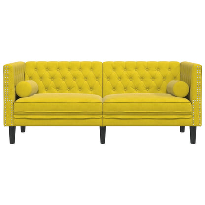 Sofá chesterfield com rolos 2 lugares veludo amarelo