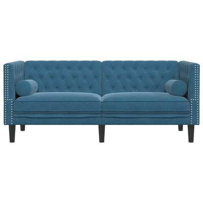 Sofá chesterfield com rolos 2 lugares veludo azul