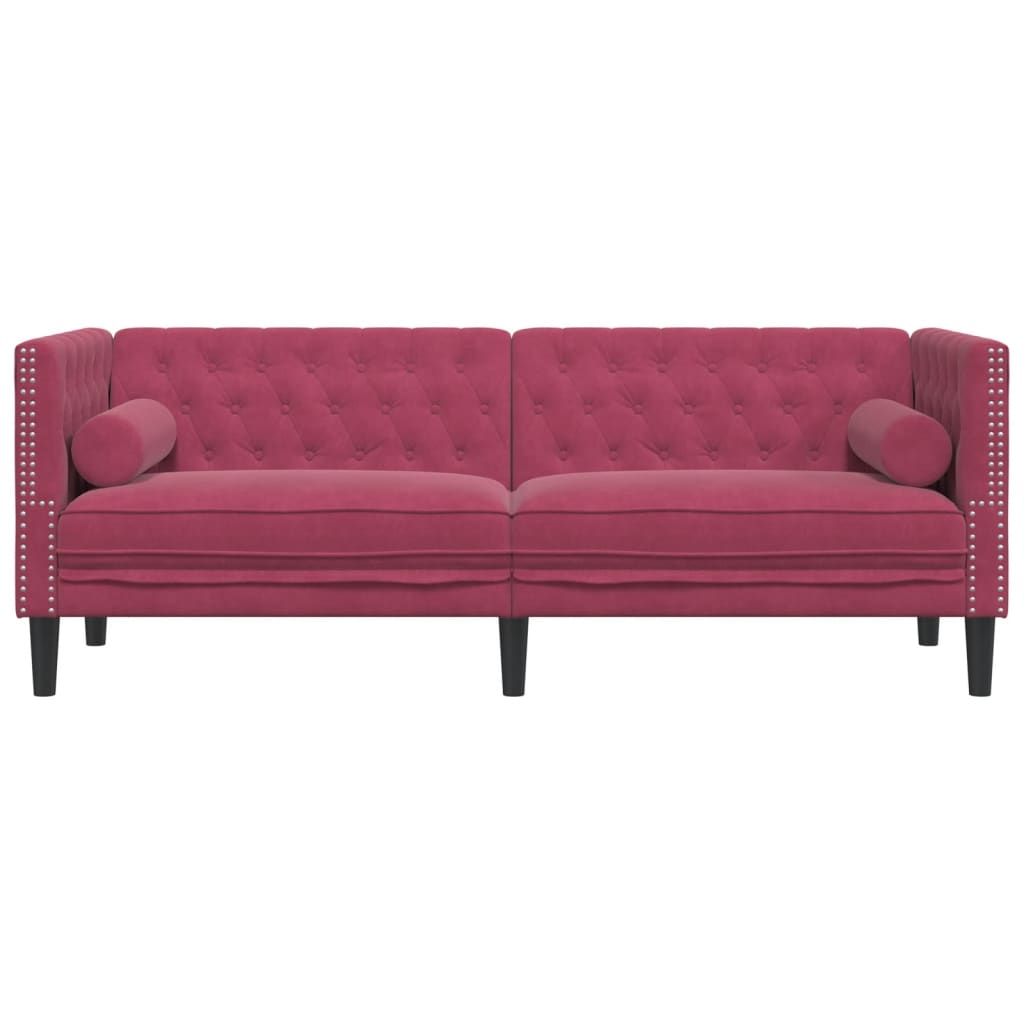 Sofá chesterfield com rolos 3 lugares veludo vermelho tinto