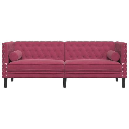 Sofá chesterfield com rolos 3 lugares veludo vermelho tinto