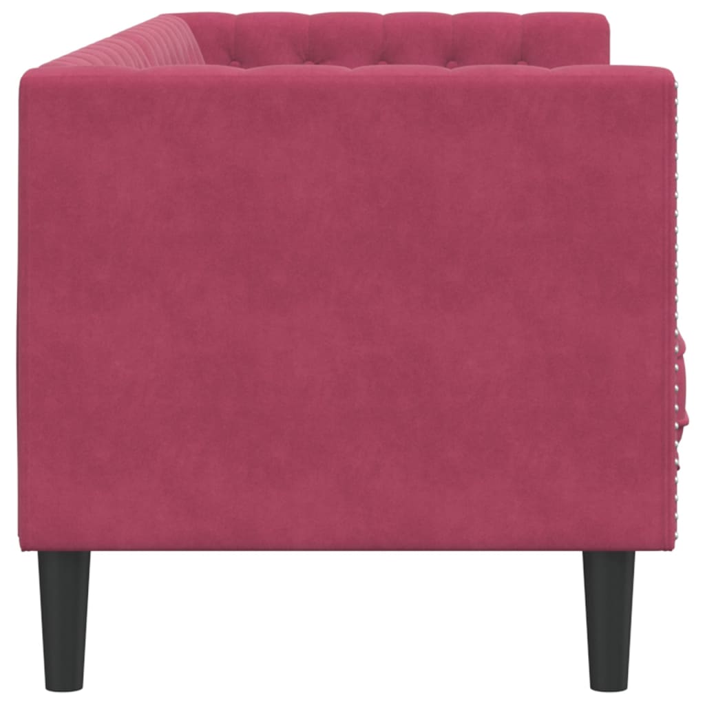 Sofá chesterfield com rolos 3 lugares veludo vermelho tinto